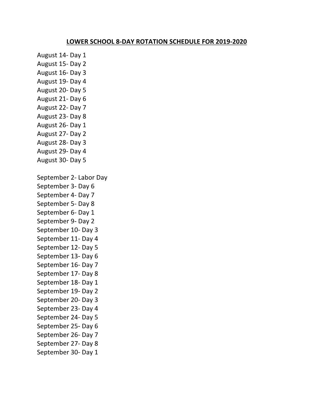 Lower School 8-Day Rotation Schedule for 2019-2020