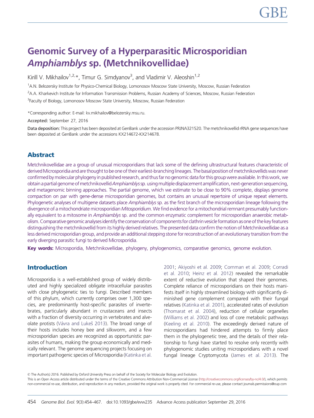 Genomic Survey of a Hyperparasitic Microsporidian Amphiamblys Sp