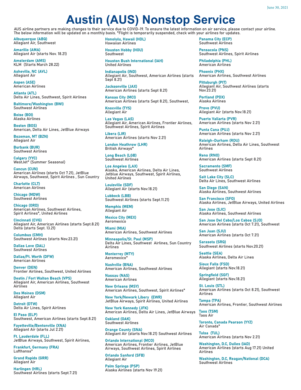 Nonstop Service AUS Airline Partners Are Making Changes to Their Service Due to COVID-19