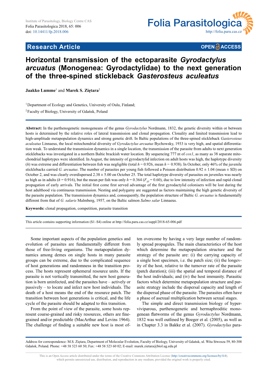 Horizontal Transmission of the Ectoparasite Gyrodactylus Arcuatus