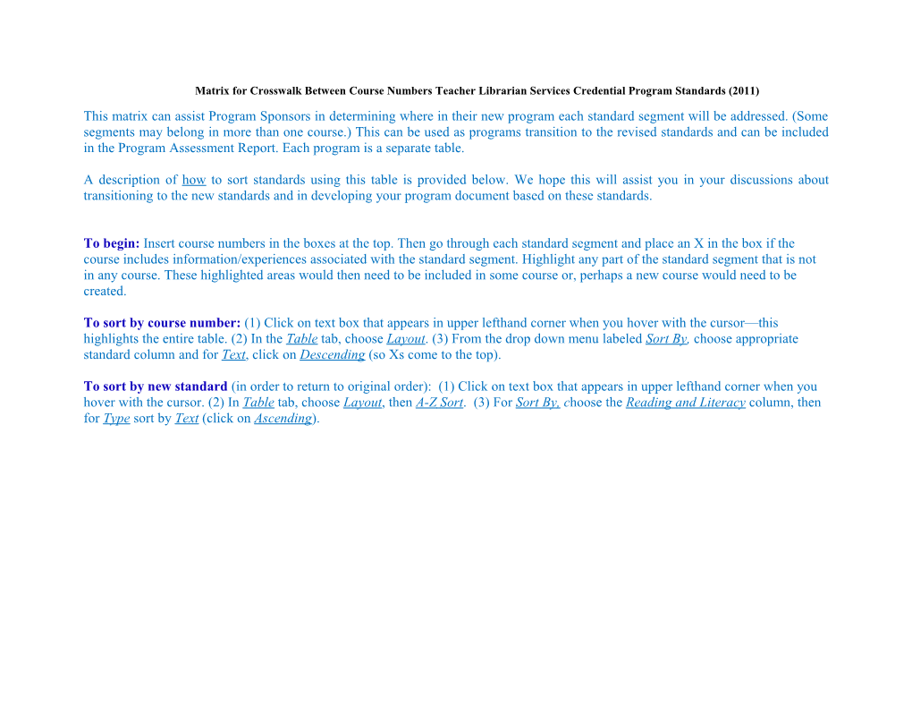 Matrix for Crosswalk Between Course Numbers Teacher Librarian Services Credential Program