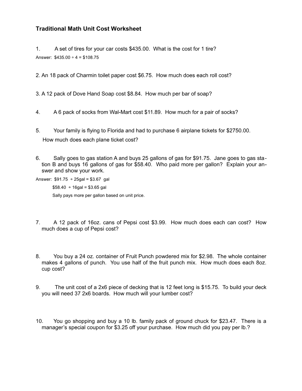 Traditional Math Unit Cost Worksheet