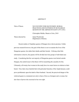 Burial Practices and Patterns of Hungarian Queens of the Árpád Dynasty (975-1301)