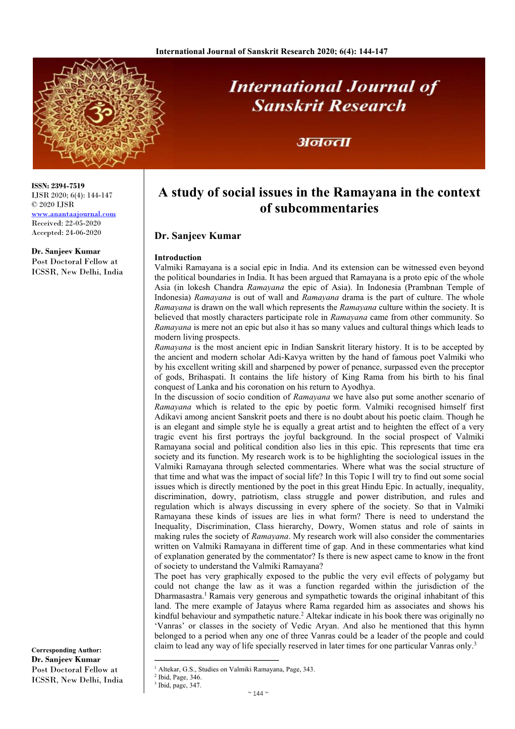 A Study of Social Issues in the Ramayana in the Context Of