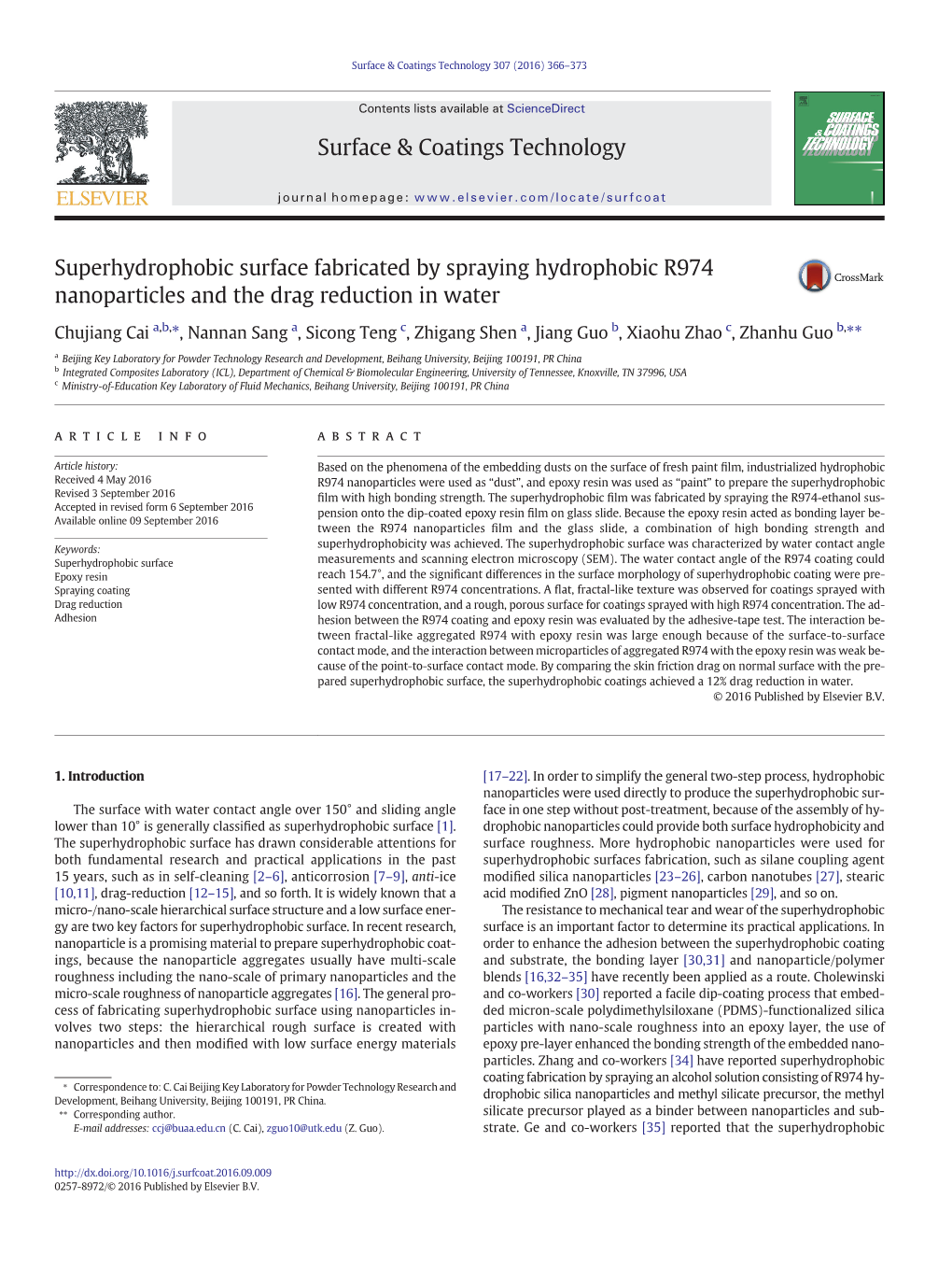 Superhydrophobic Surface Fabricated by Spraying Hydrophobic R974 Nanoparticles and the Drag Reduction in Water Surface &