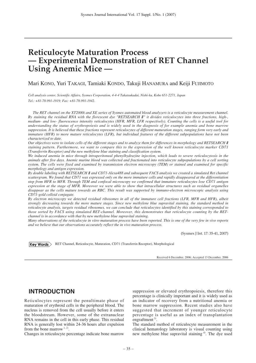 Reticulocyte Maturation Process — Experimental Demonstration of RET Channel Using Anemic Mice —