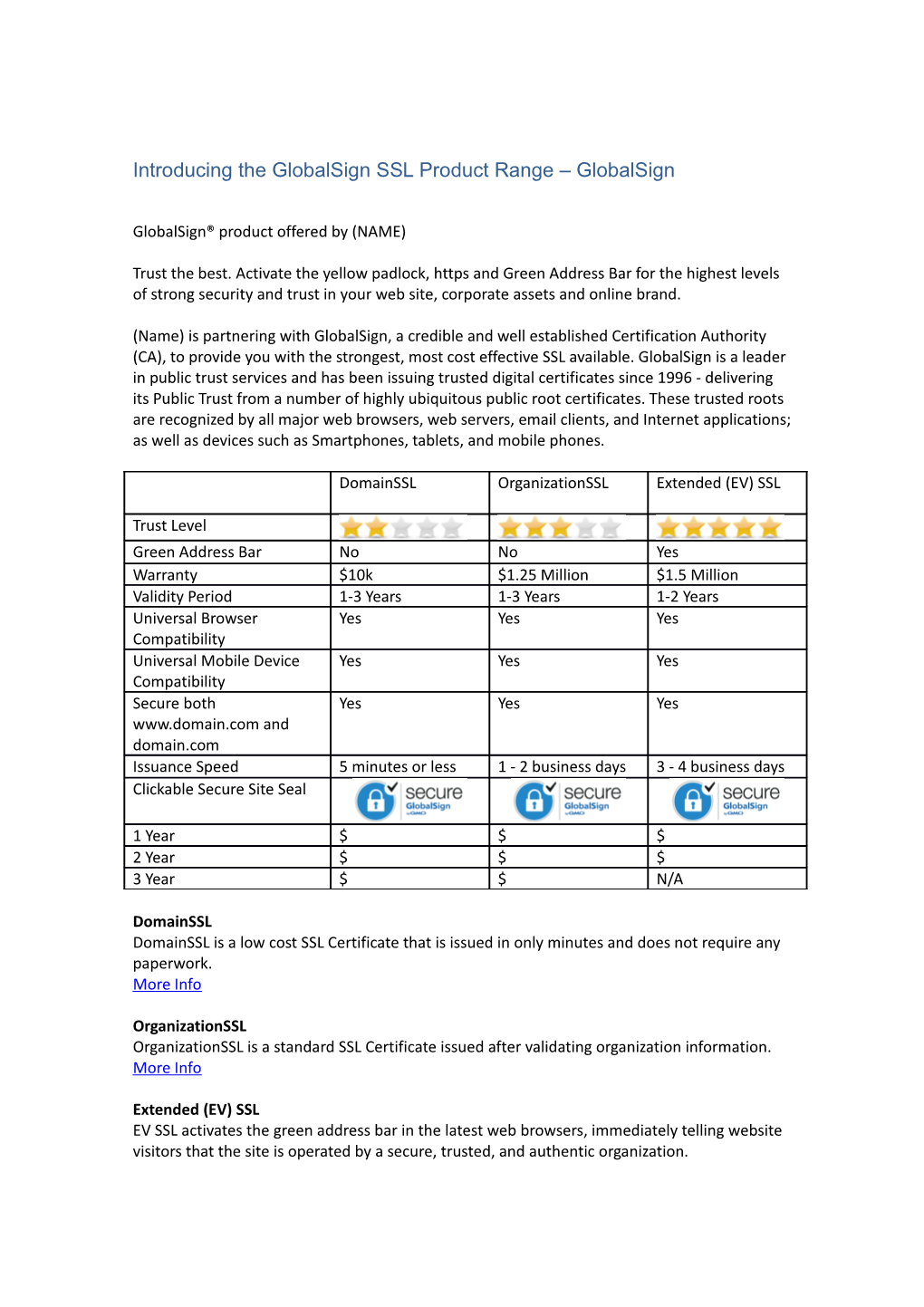 Introducing the Globalsign SSL Product Range Globalsign