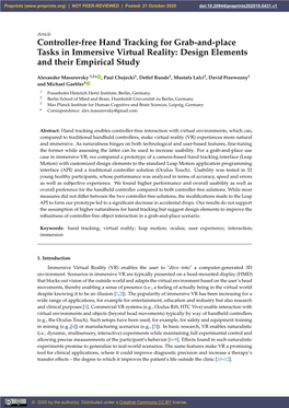 Controller-Free Hand Tracking for Grab-And-Place Tasks in Immersive Virtual Reality: Design Elements and Their Empirical Study