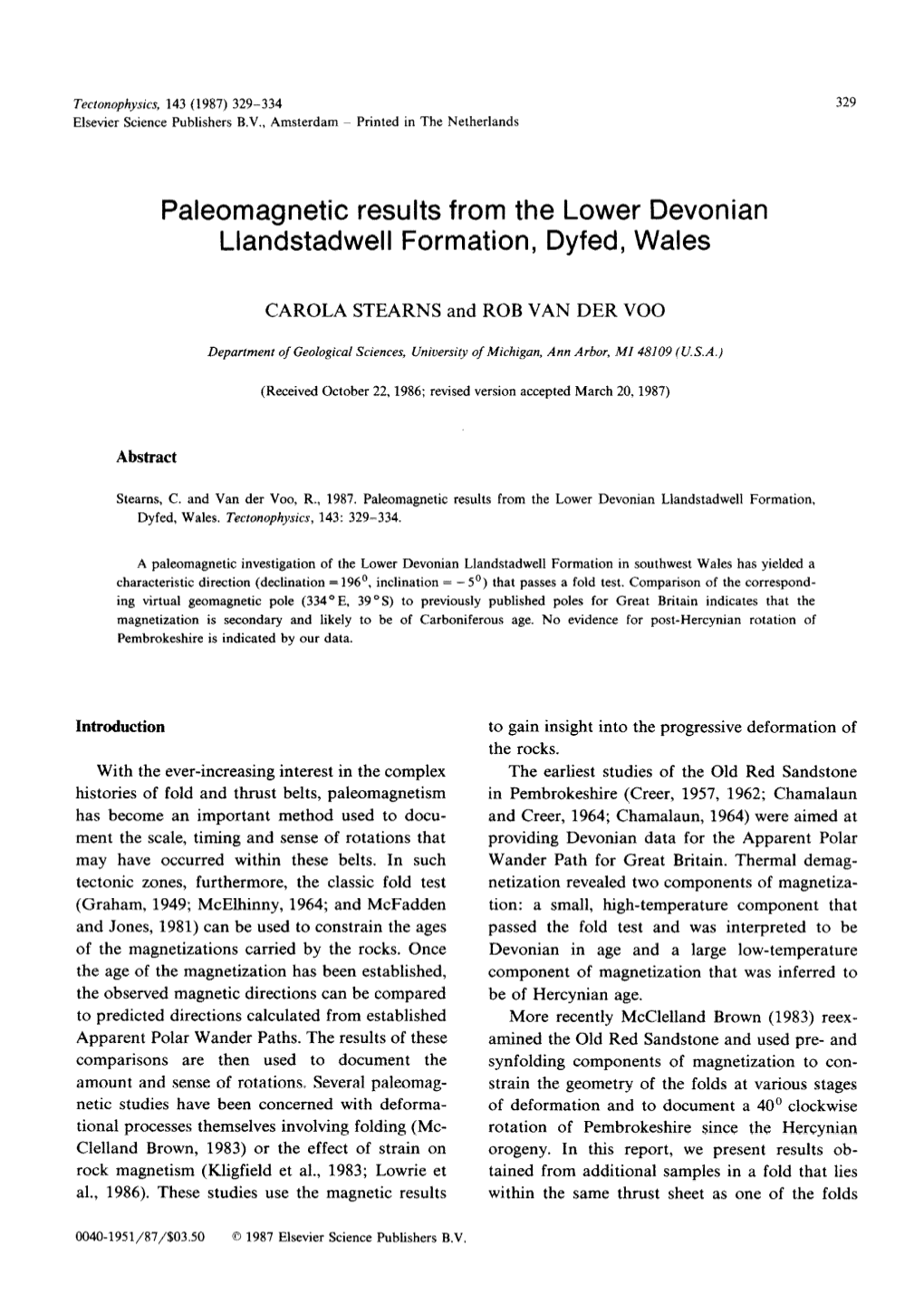 Paleomagnetic Results from the Lower Devonian Llandstadwell Formation, Dyfed, Wales