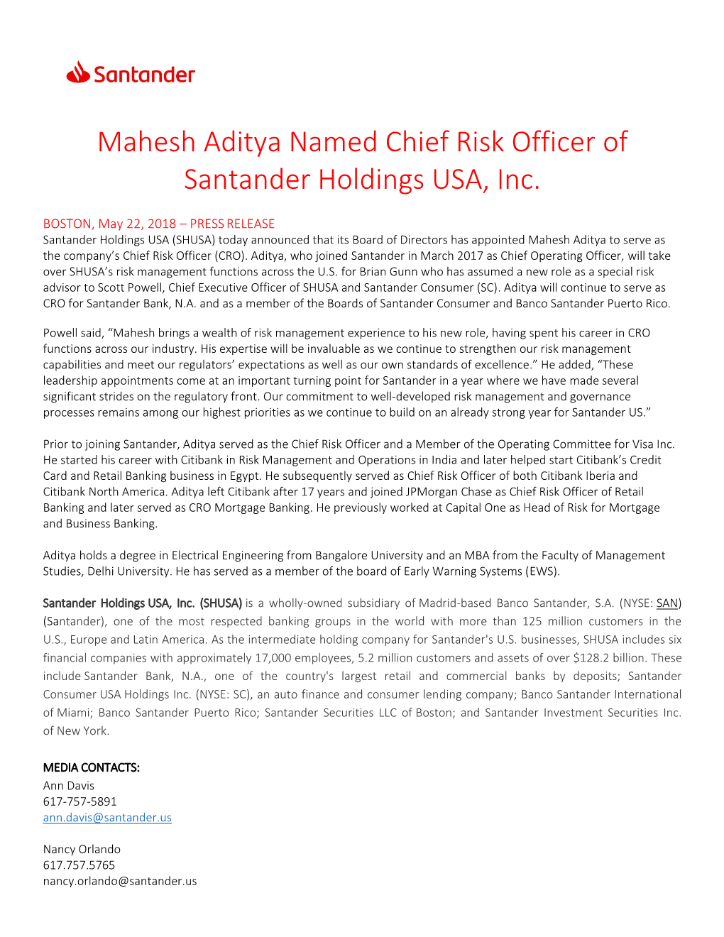 Mahesh Aditya Named Chief Risk Officer of Santander Holdings USA, Inc