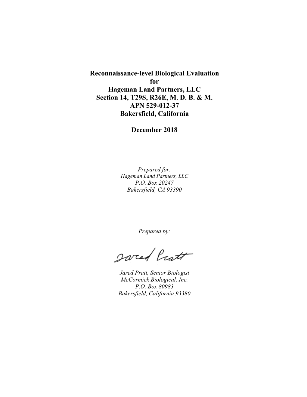 Reconnaissance-Level Biological Evaluation for Hageman Land Partners, LLC Section 14, T29S, R26E, M