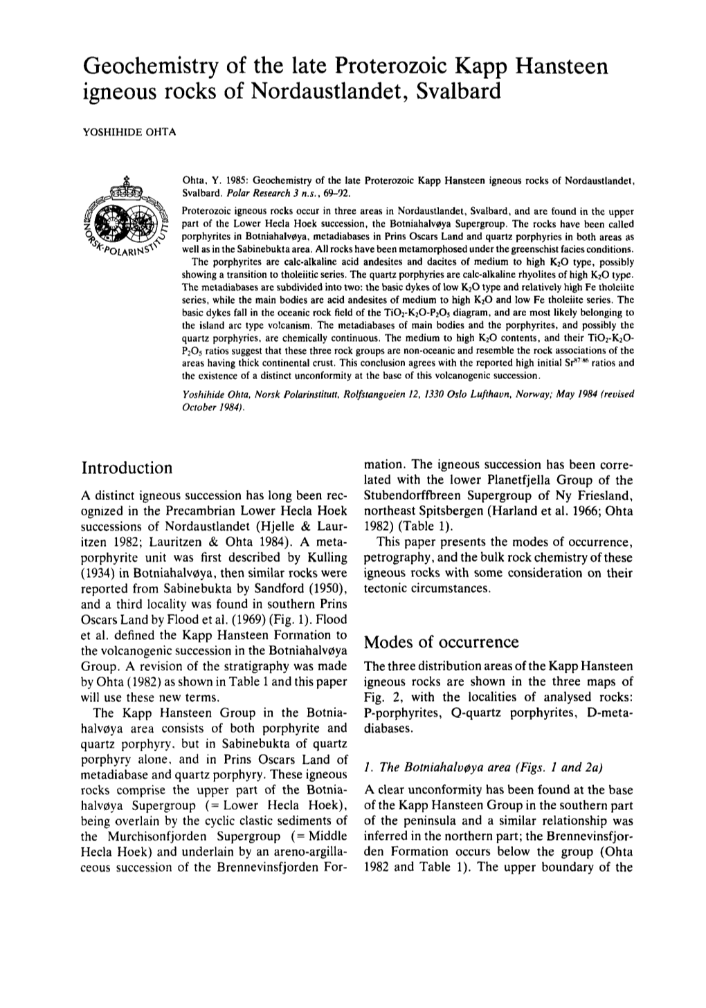 Geochemistry of the Late Proterozoic Kapp Hansteen Igneous Rocks of Nordaustlandet, Svalbard