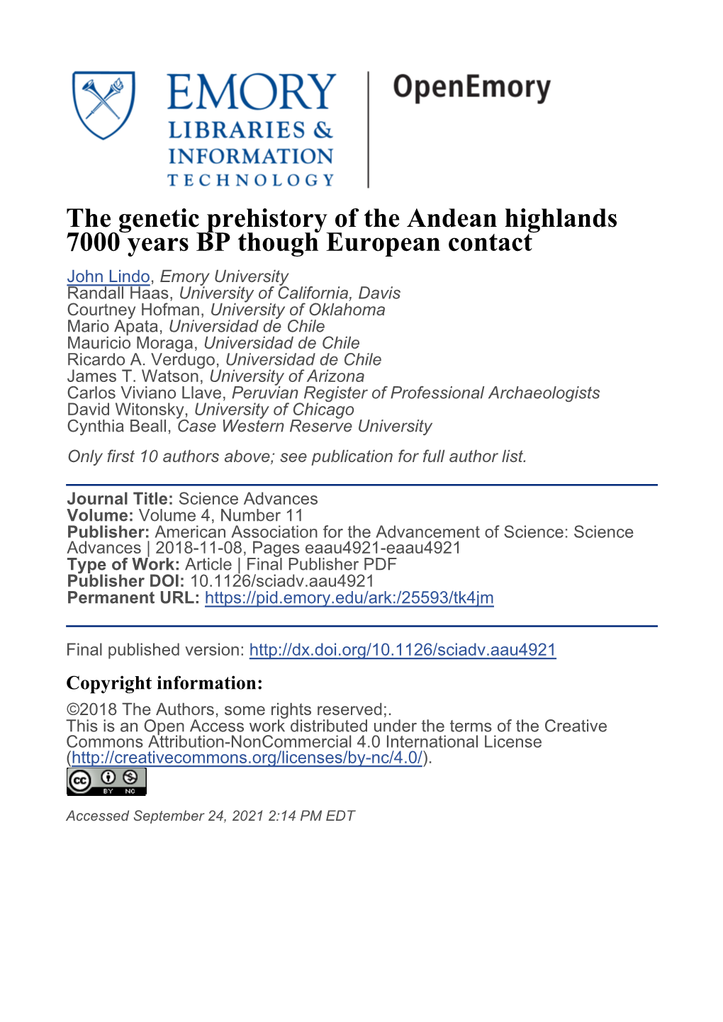 The Genetic Prehistory of the Andean Highlands