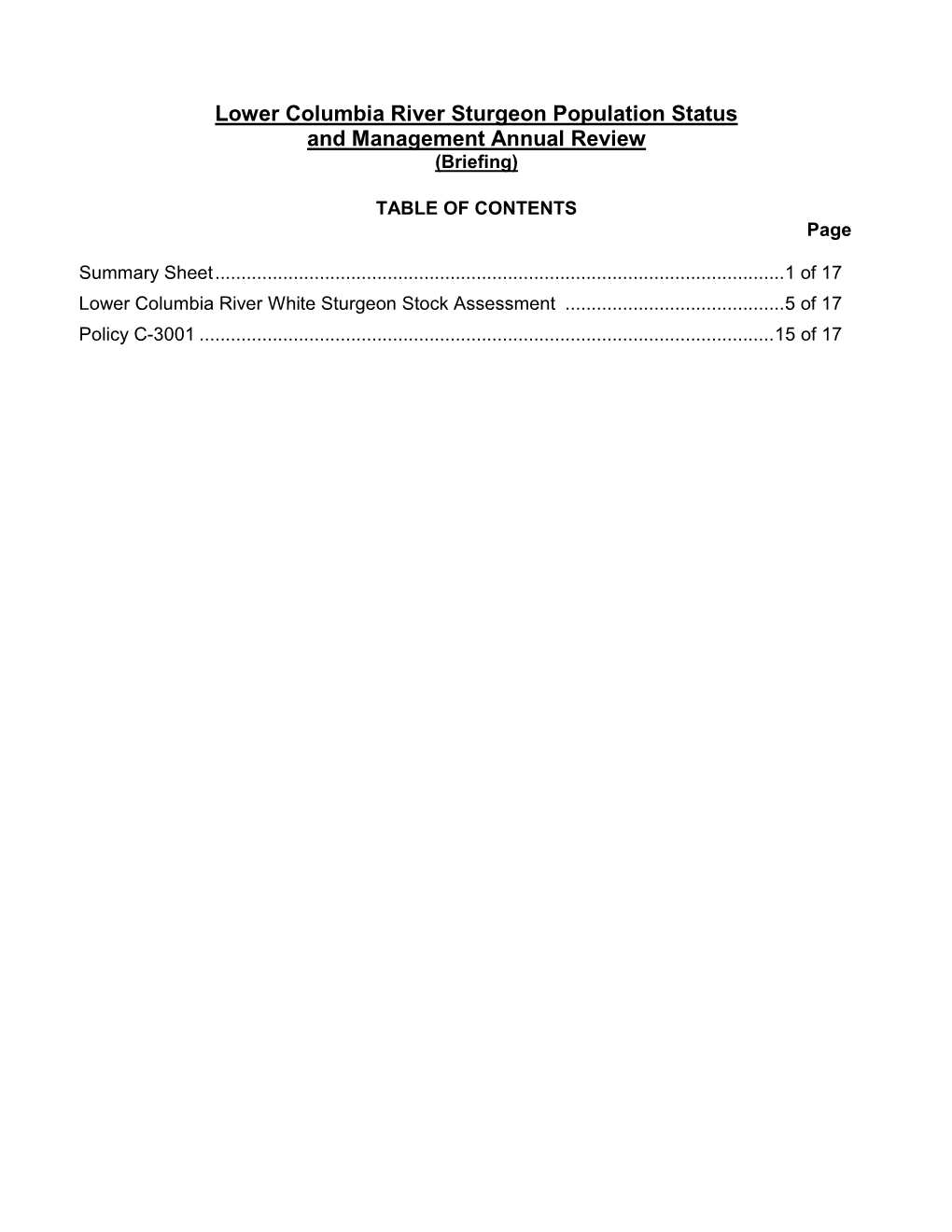 Lower Columbia River Sturgeon Population Status and Management Annual Review (Briefing)