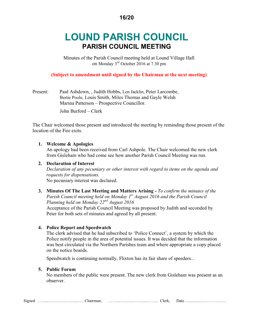Lound Parish Council Parish Council Meeting