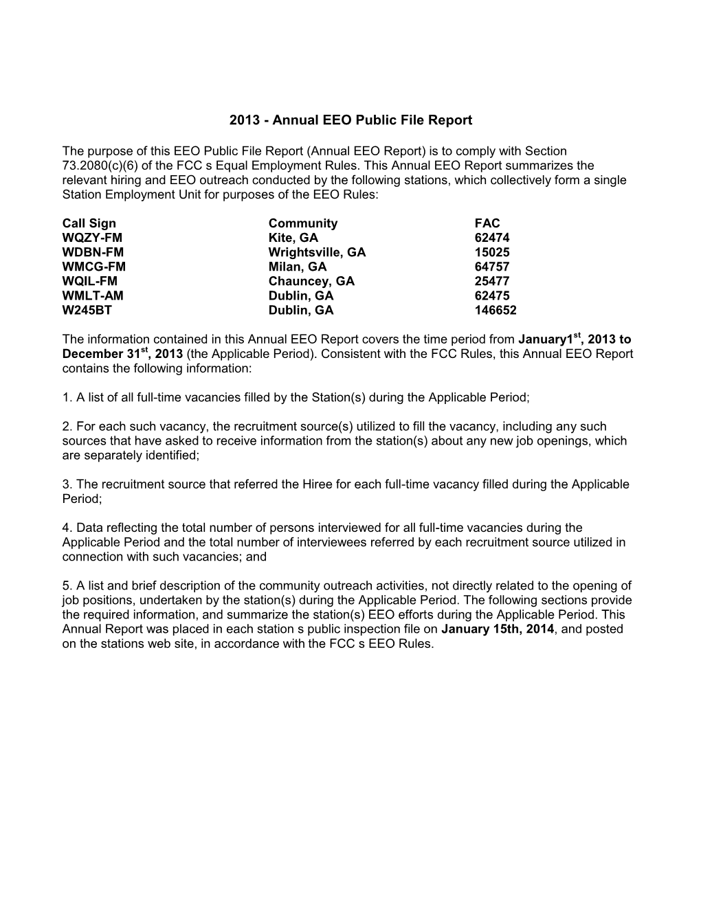 2013 - Annual EEO Public File Report