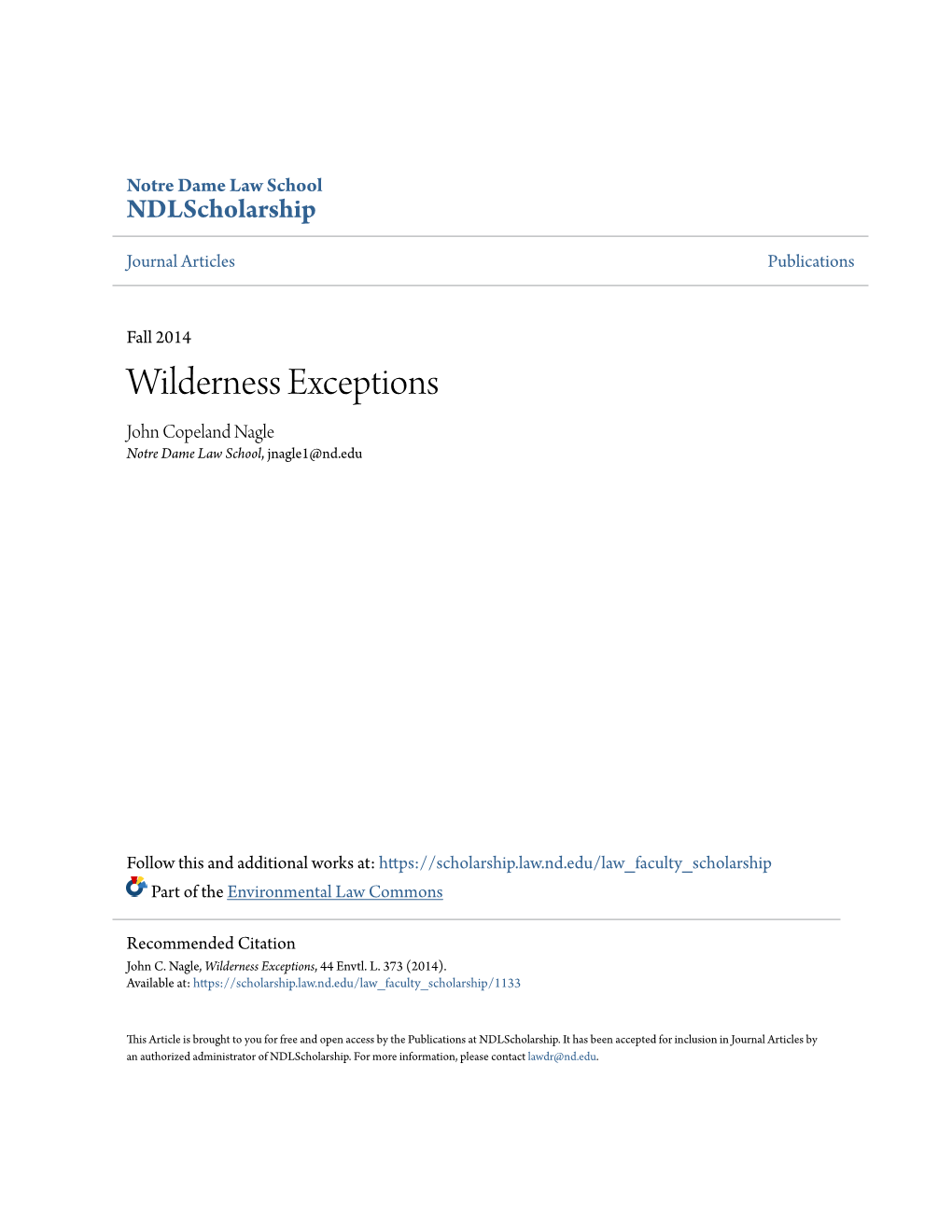 Wilderness Exceptions John Copeland Nagle Notre Dame Law School, Jnagle1@Nd.Edu