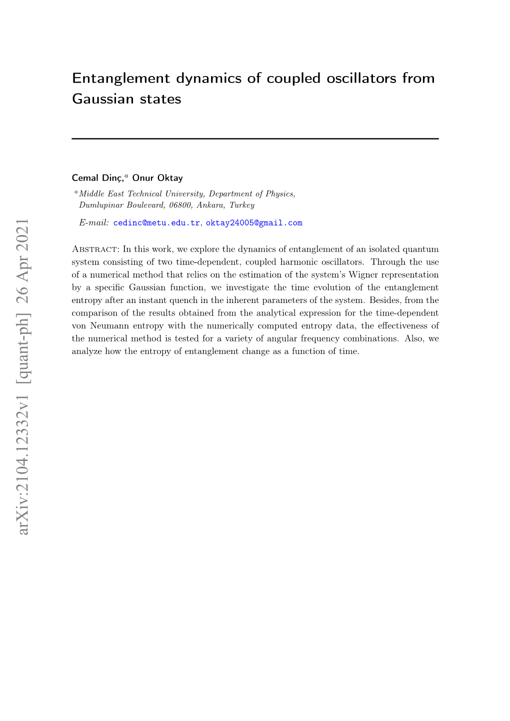 Entanglement Dynamics of Coupled Oscillators from Gaussian States