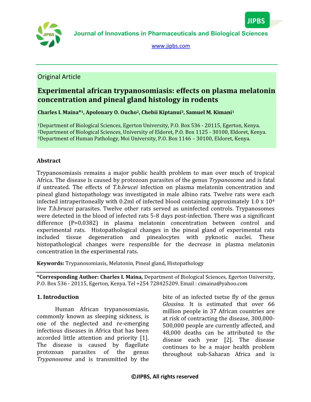 Experimental African Trypanosomiasis: Effects on Plasma Melatonin Concentration and Pineal Gland Histology in Rodents