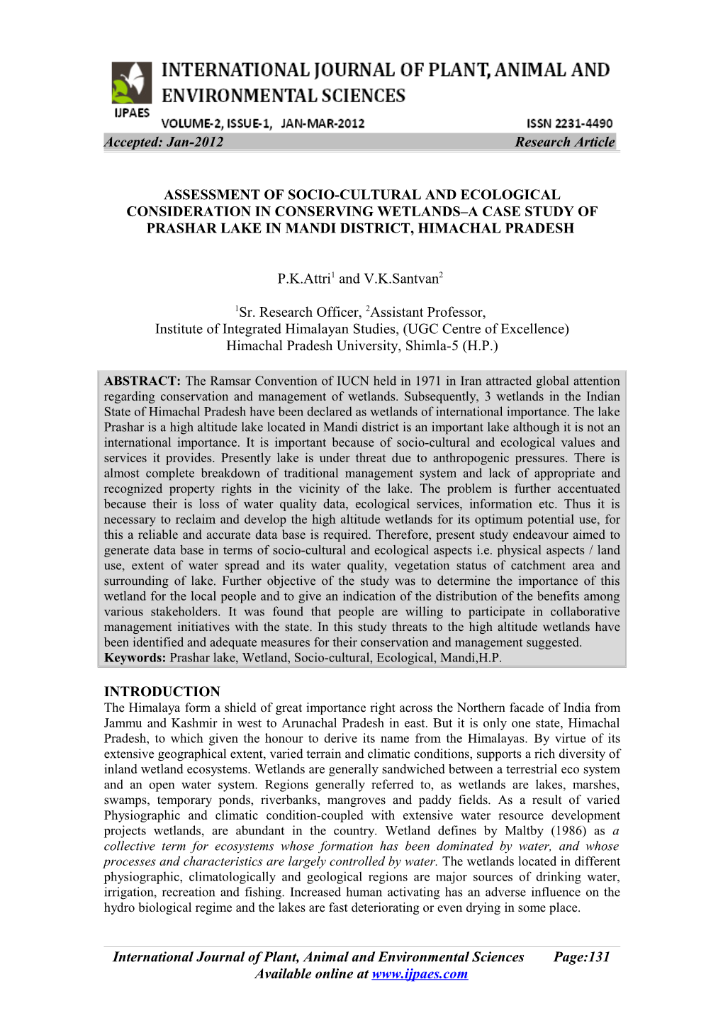 Assessment of Socio-Cultural and Ecological Aspects of Wetland–A