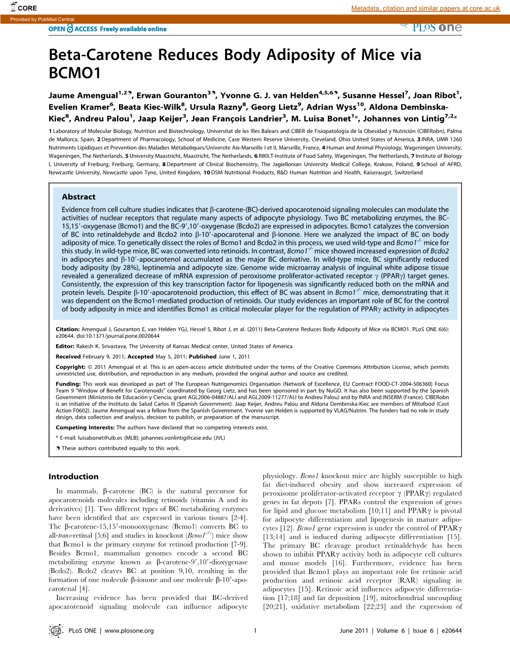 Beta-Carotene Reduces Body Adiposity of Mice Via BCMO1