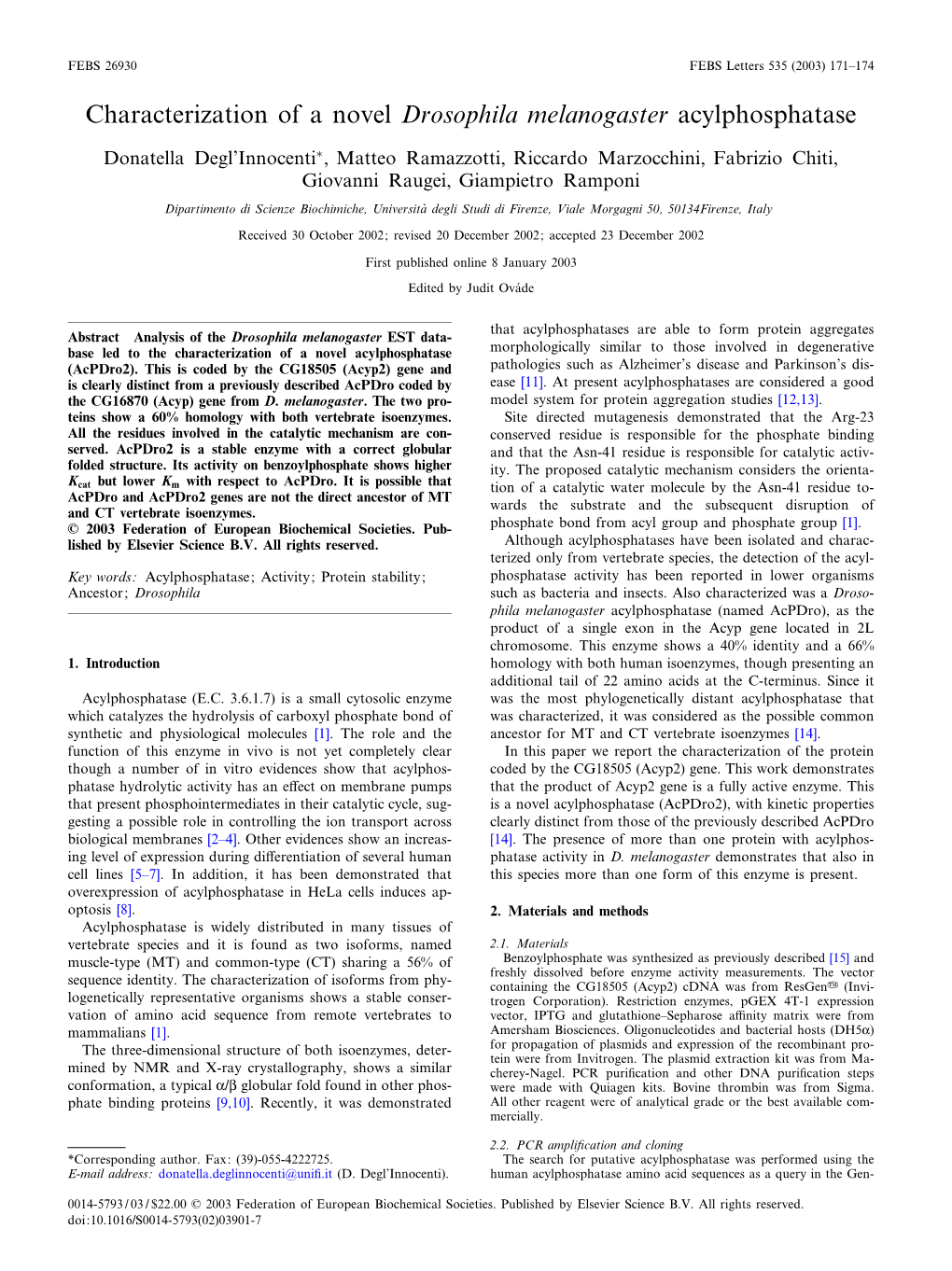 Characterization of a Novel Drosophila Melanogaster Acylphosphatase