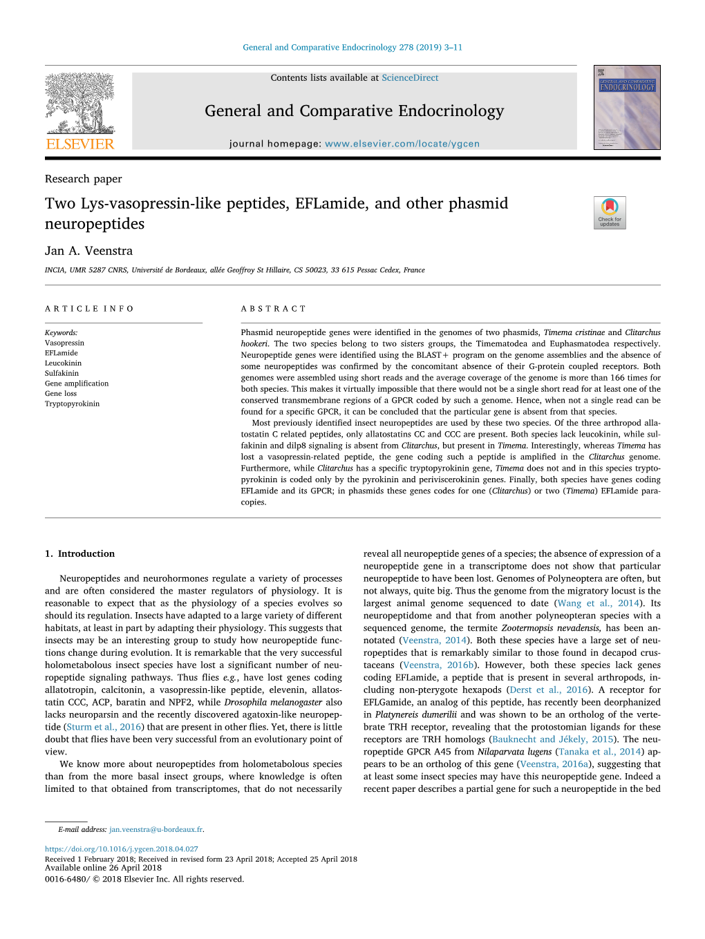 Two Lys-Vasopressin-Like Peptides, Eflamide, and Other Phasmid Neuropeptides T