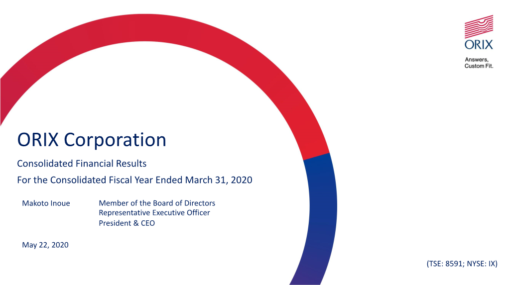 ORIX Corporation Consolidated Financial Results for the Consolidated Fiscal Year Ended March 31, 2020