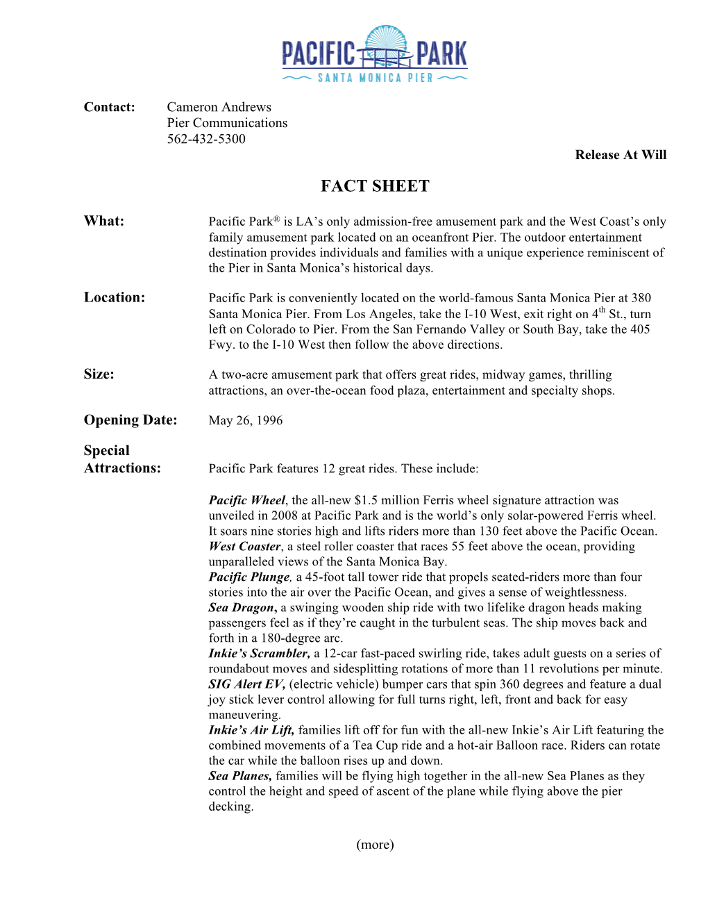 Pacific Park on the Santa Monica Pier Fact Sheet Release
