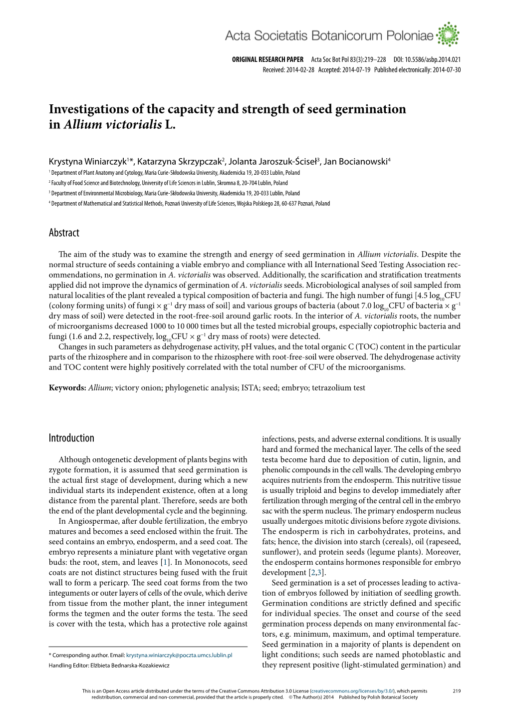 Investigations of the Capacity and Strength of Seed Germination in Allium Victorialis L