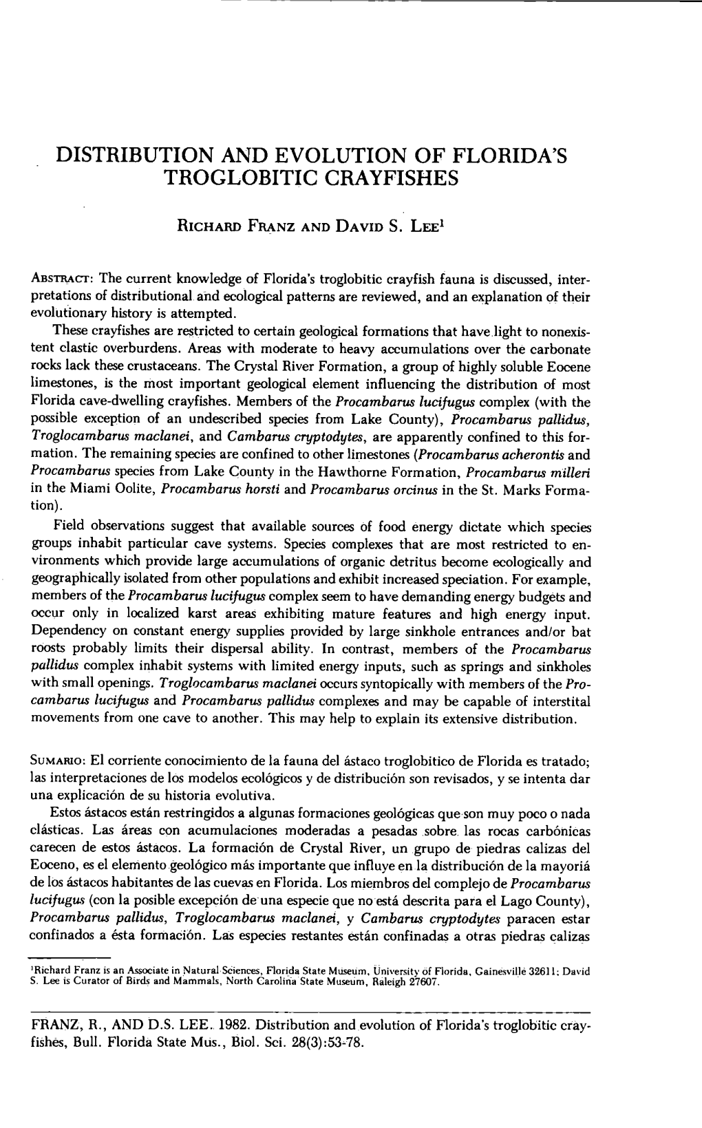 Distribution and Evolution of Florida's Troglobitic Crayfishes