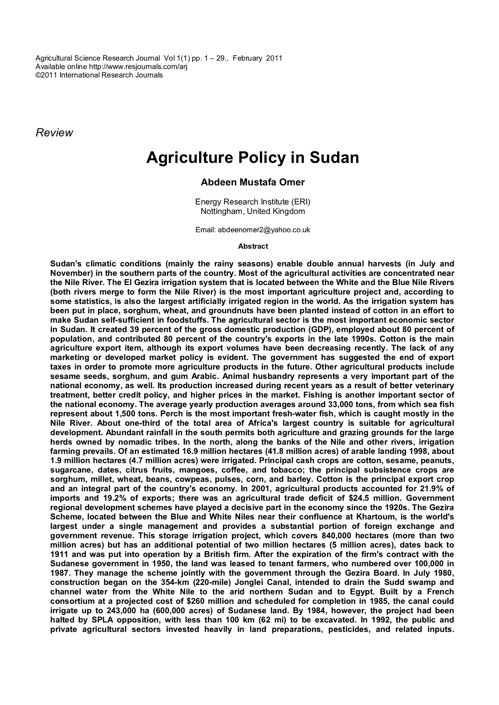Agriculture Policy in Sudan