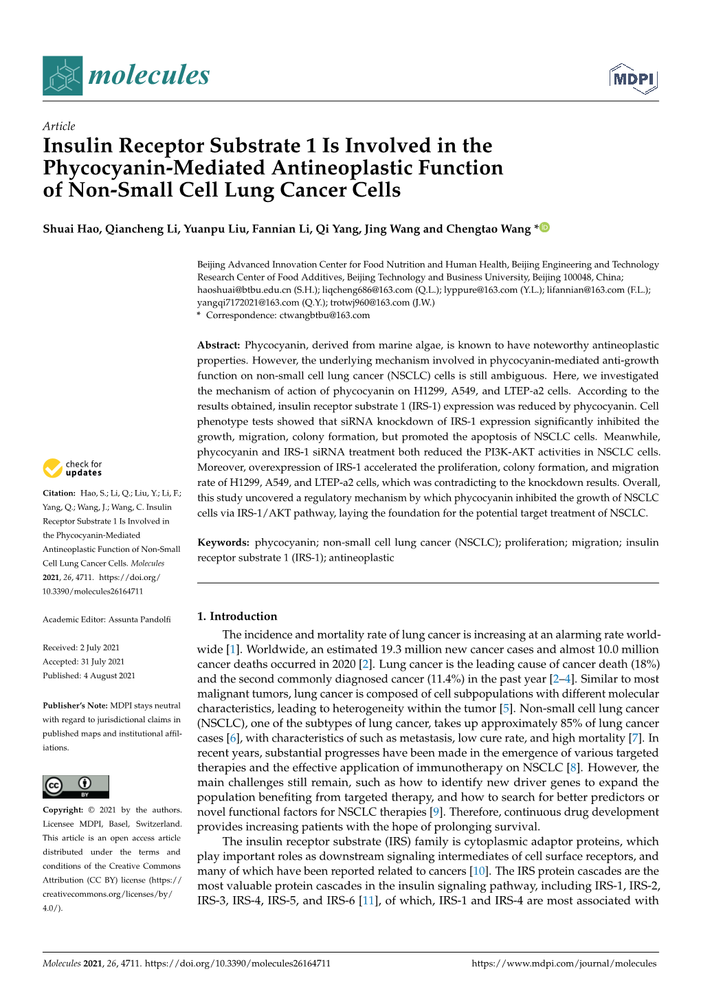 Insulin Receptor Substrate 1 Is Involved in the Phycocyanin-Mediated Antineoplastic Function of Non-Small Cell Lung Cancer Cells