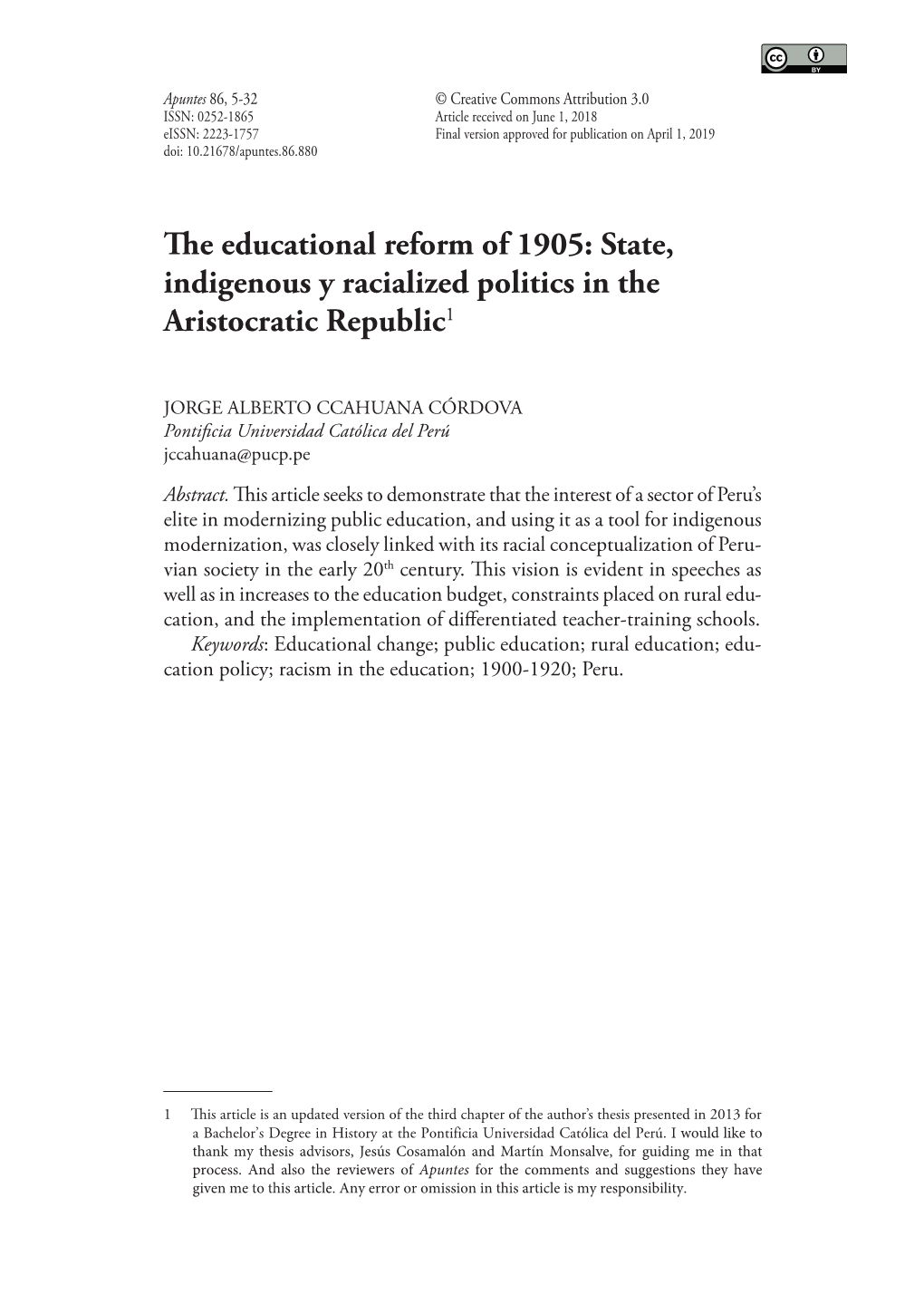 The Educational Reform of 1905: State, Indigenous Y Racialized Politics in the Aristocratic Republic1