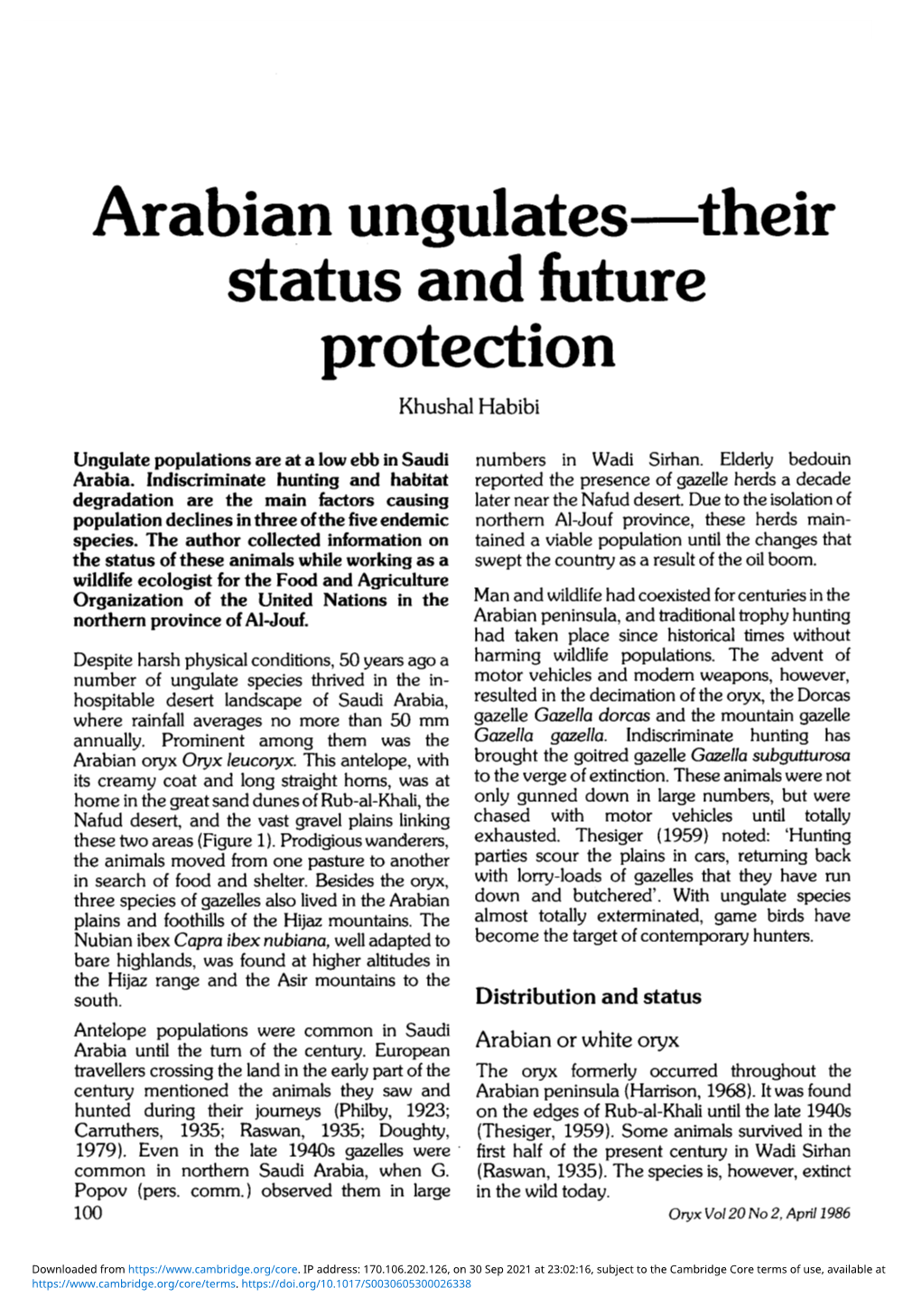 Arabian Ungulates—Their Status and Future Protection Khushal Habibi