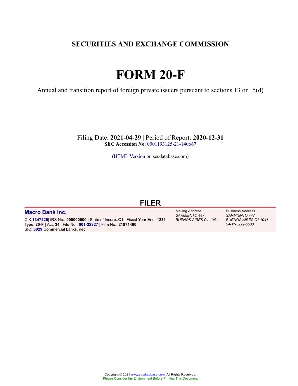 Macro Bank Inc. Form 20-F Filed 2021-04-29