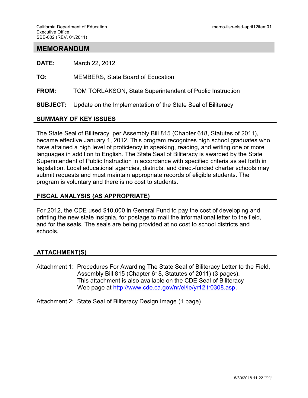 April 2012 Memorandum ELSD Item 1 - Information Memorandum (CA State Board of Education)