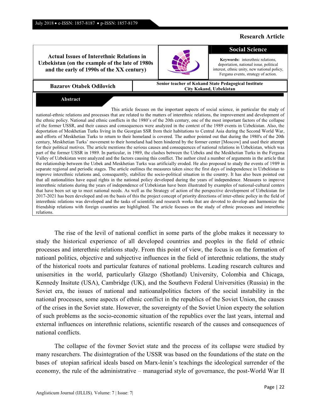 Research Article the Rise of the Levil of National Conflict in Some Parts of the Globe Makes It Necessary to Study the Historica