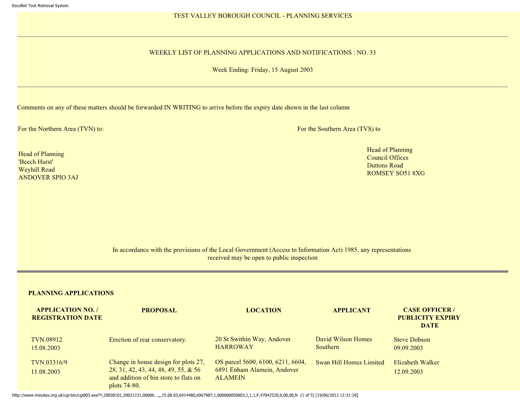 Esconet Text Retrieval System TEST VALLEY BOROUGH COUNCIL - PLANNING SERVICES