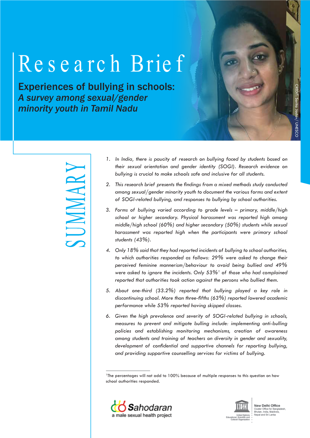 Research Brief Credi T Experiences of Bullying in Schools: a Survey Among Sexual/Gender : Sarita Jadav/ UN E SCO Minority Youth in Tamil Nadu