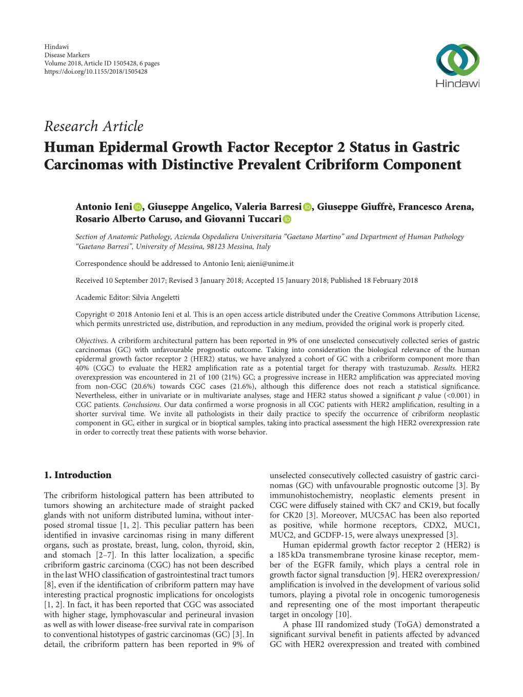 Human Epidermal Growth Factor Receptor 2 Status in Gastric Carcinomas with Distinctive Prevalent Cribriform Component