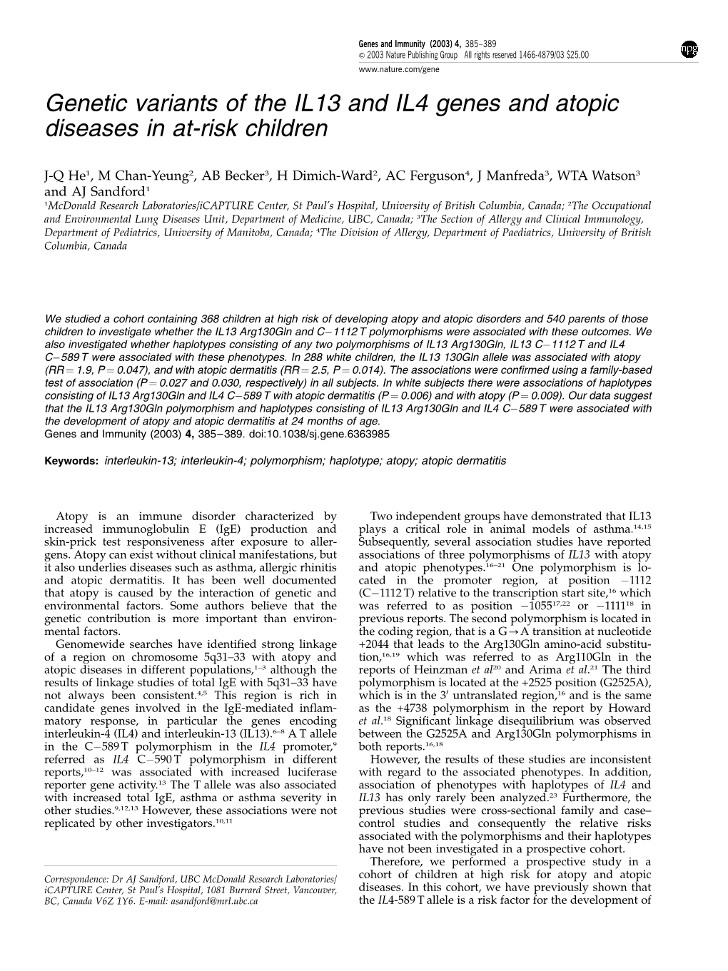 Genetic Variants of the IL13 and IL4 Genes and Atopic Diseases in At-Risk Children
