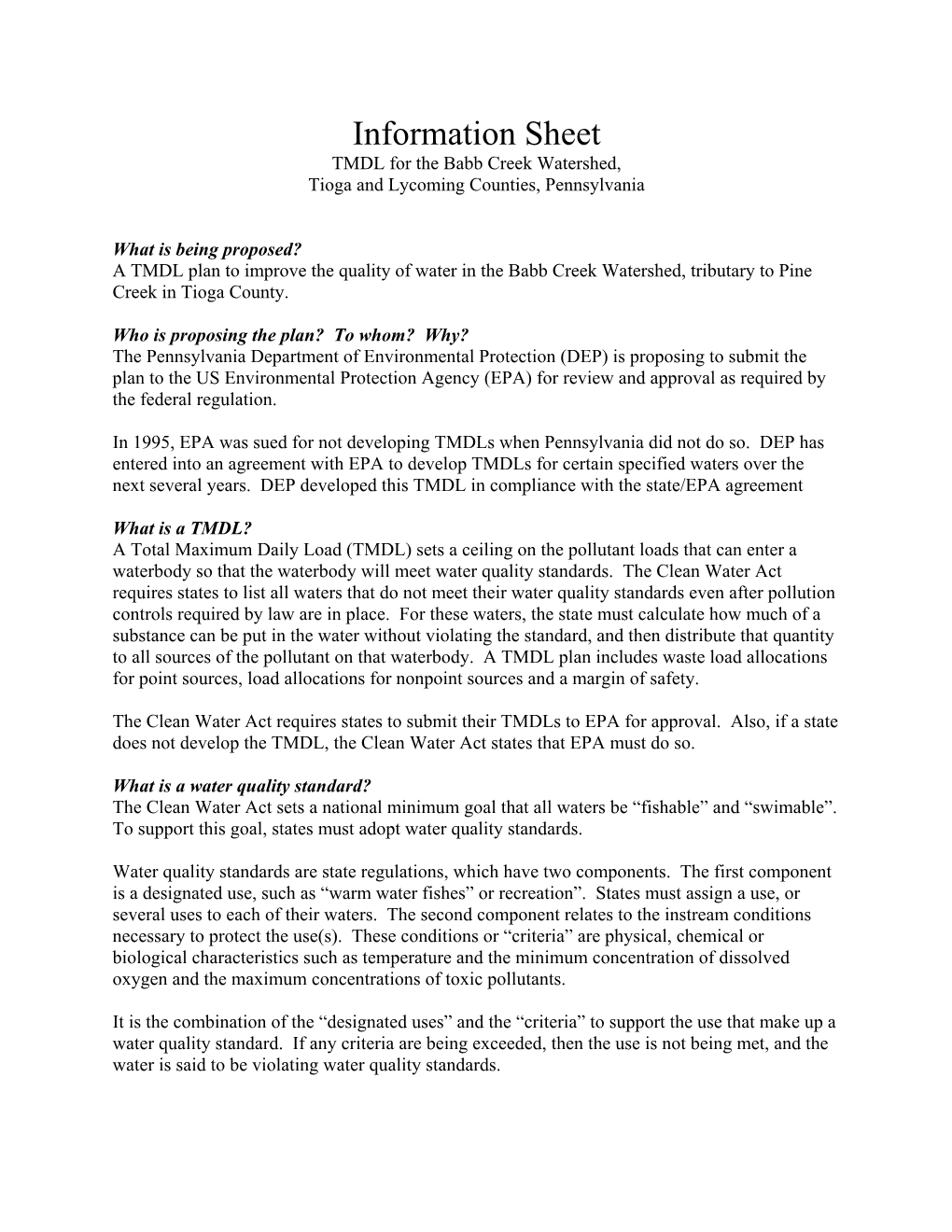 Information Sheet TMDL for the Babb Creek Watershed, Tioga and Lycoming Counties, Pennsylvania