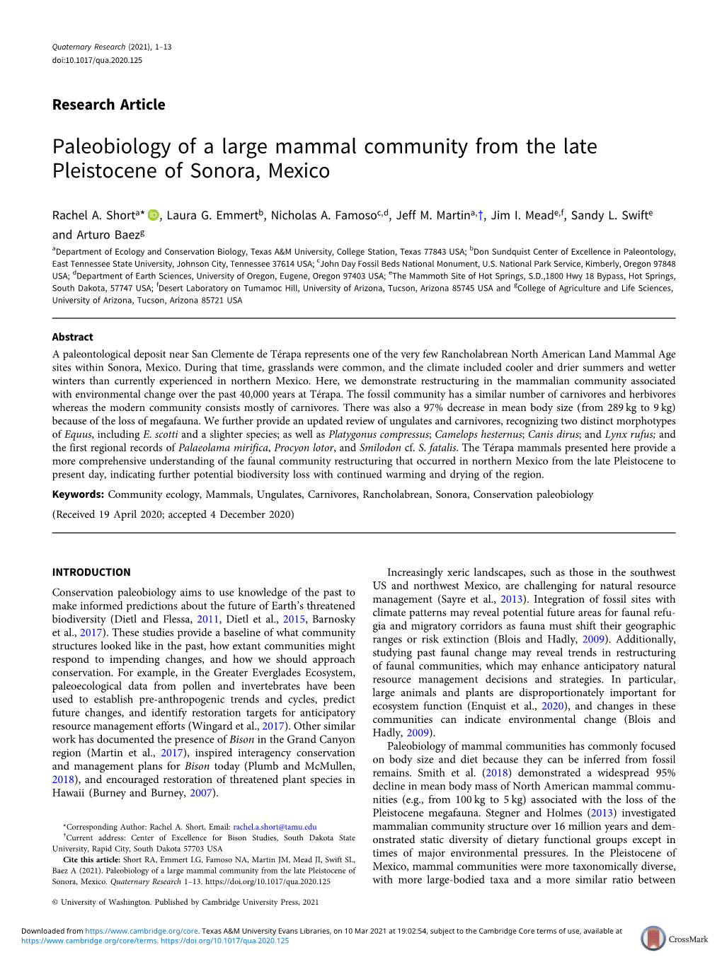 Paleobiology of a Large Mammal Community from the Late Pleistocene of Sonora, Mexico