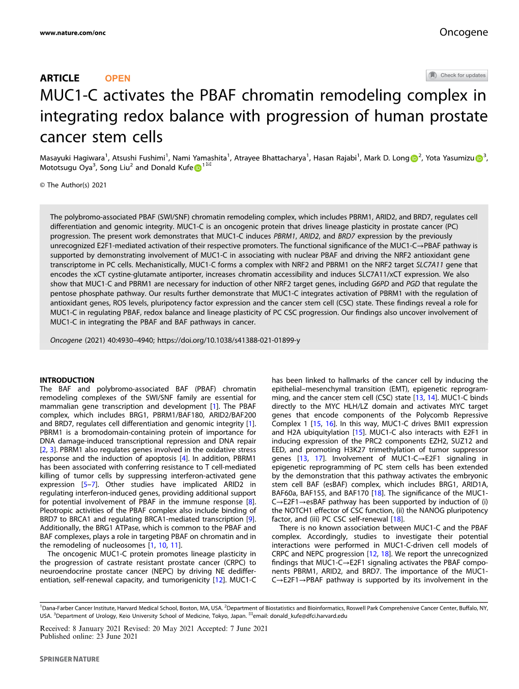 MUC1-C Activates the PBAF Chromatin Remodeling Complex in Integrating Redox Balance with Progression of Human Prostate Cancer Stem Cells