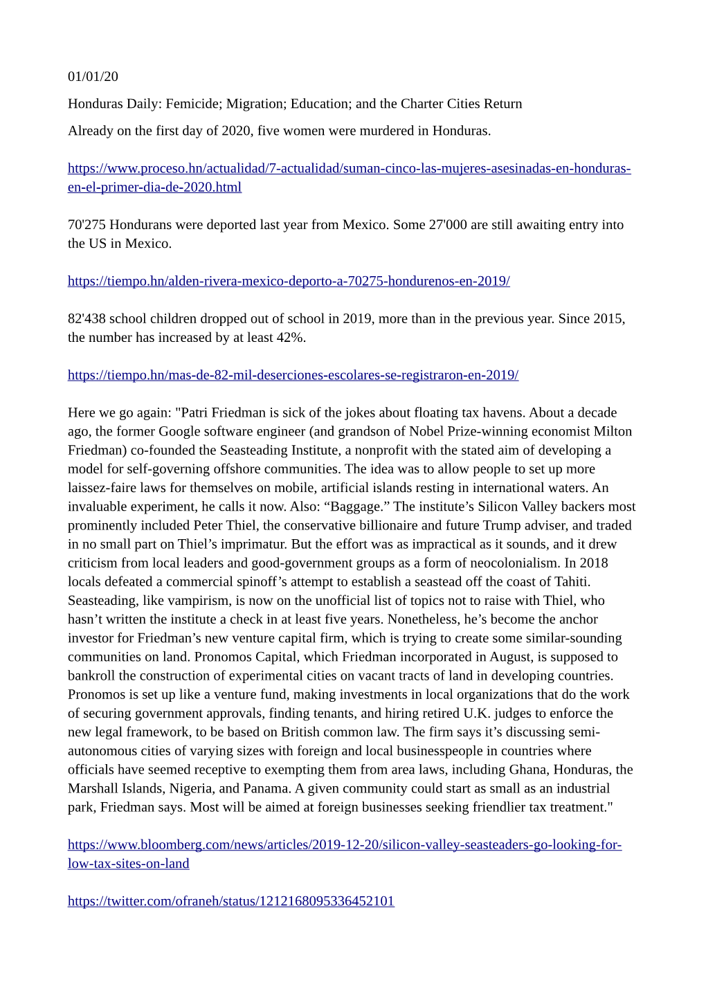 01/01/20 Honduras Daily: Femicide; Migration; Education; and the Charter Cities Return Already on the First Day of 2020, Five Women Were Murdered in Honduras