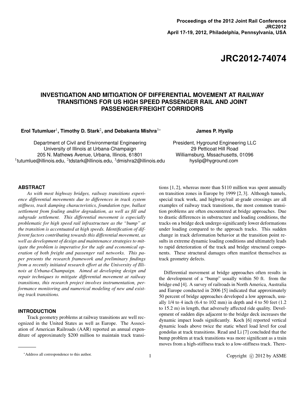 Investigation and Mitigation of Differential Movement at Railway Transitions for Us High Speed Passenger Rail and Joint Passenger/Freight Corridors