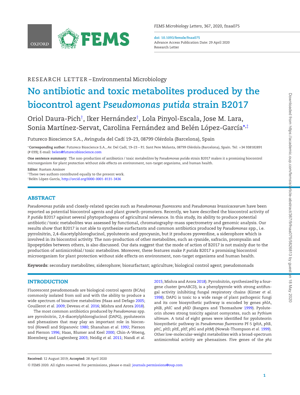 No Antibiotic and Toxic Metabolites Produced by the Biocontrol Agent