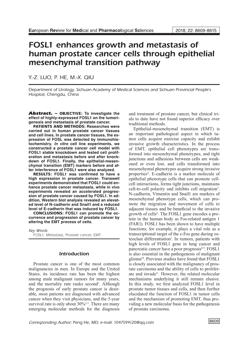 FOSL1 Promotes Prostate Cancer Via EMT