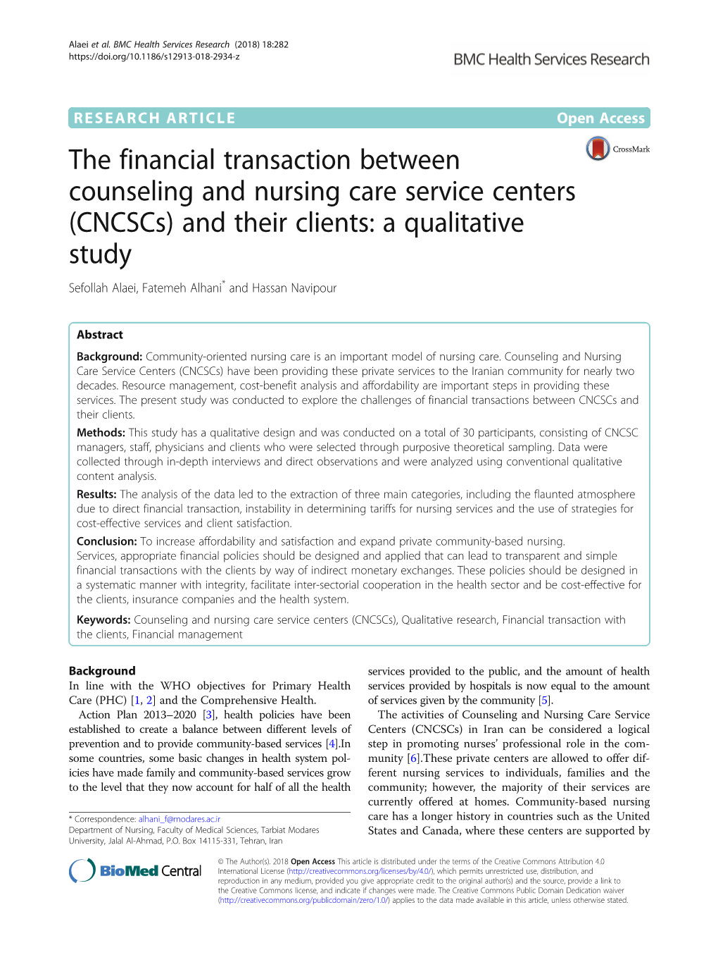 (Cncscs) and Their Clients: a Qualitative Study Sefollah Alaei, Fatemeh Alhani* and Hassan Navipour